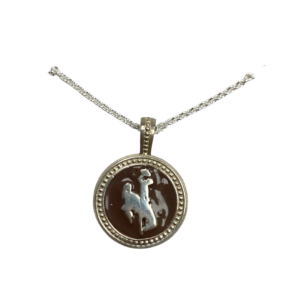 Silver necklace, design is circle pendant with brown enamel surrounding silver bucking horse in center