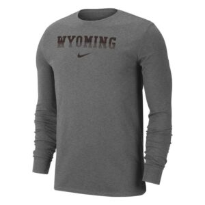 Dark grey Nike long sleeve, design is black fading to grey word Wyoming above black Nike logo