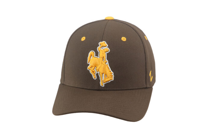 Brown fitted hat, design is gold bucking horse white outline