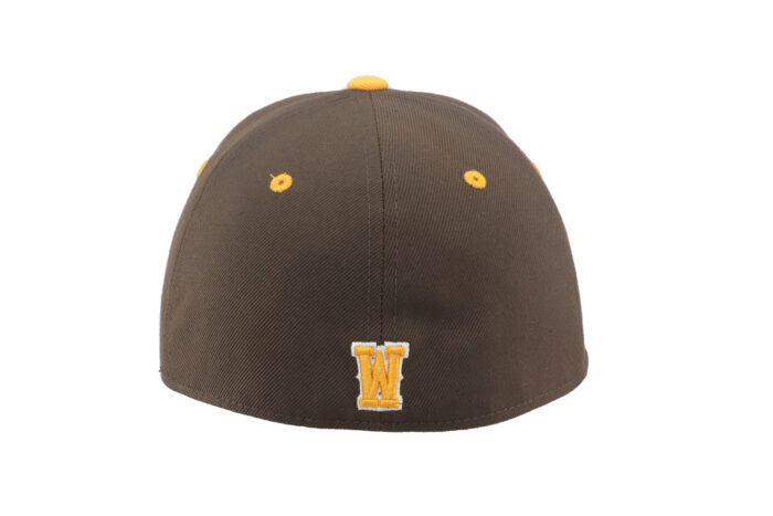 Back of brown fitted hat, design is gold W white outline centered on back