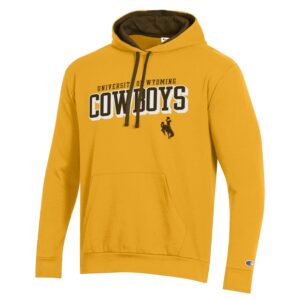 gold hooded sweatshirt with brown hood interior and drawstrings. Design on front is slogan University of Wyoming in small font, with word Cowboys larger below in brown. bucking horse on left side of slogan