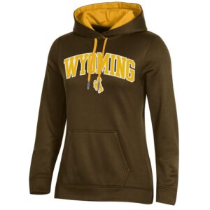 brown women's hooded sweatshirt. word Wyoming arced on front in gold with white outline. gold bucking horse below word