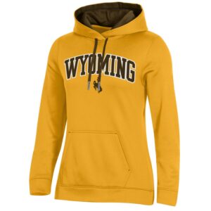 gold women's hooded sweatshirt. word Wyoming arced on front in brown with white outline. Brown bucking horse below word