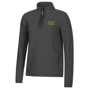 women's thick 1/4 zip jacket in black. features two front pockets, and slogan Wyoming cowboys in gold on left chest