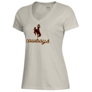 women's beige v neck tee. Brown bucking horse with gold outline, with brown word Cowboys below on front center of tee