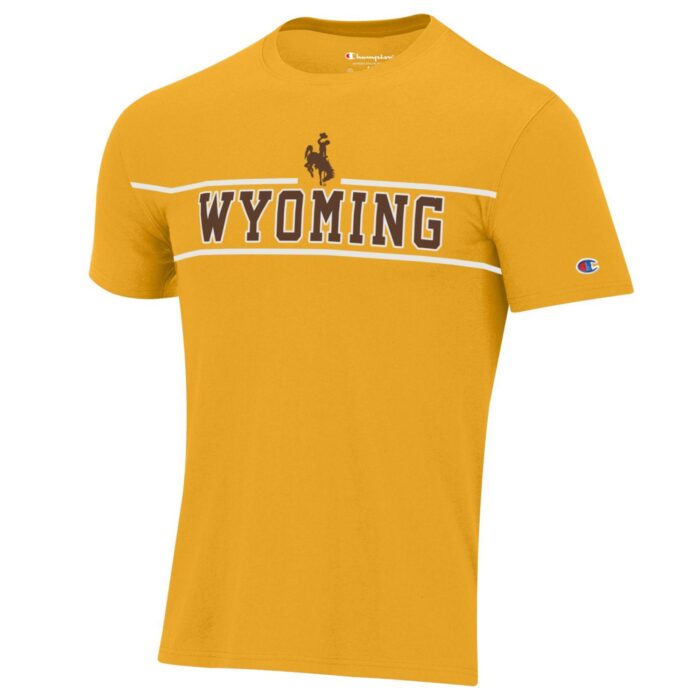 gold short sleeved tee with word Wyoming in brown on front. Design has white lines on top and bottom of word, and bucking horse above