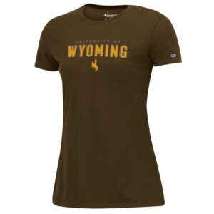 women's brown short sleeved tee. Slogan University of Wyoming with bucking horse below printed in the center of tee in gold
