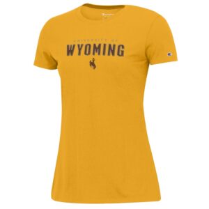 women's gold short sleeved tee. Slogan University of Wyoming with bucking horse below printed in the center of tee in brown