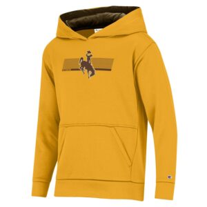 gold youth hoodie. Design on front center is brown lines with brown bucking horse on top