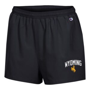 Black women's shorts, design is white word Wyoming arched above gold bucking horse