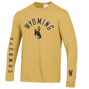 Men's gold long sleeve, design is brown distressed word Wyoming white outline arched above brown bucking horse, brown distressed word cowboys on right sleeve, brown distressed W on left sleeve
