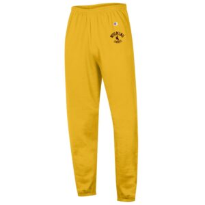 Men's gold sweatpants, design is brown word Wyoming arched above brown bucking horse, brown word cowboys arched below, on left hip