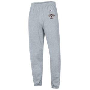 Men's grey sweatpants, design is brown word Wyoming arched above brown bucking horse, brown word cowboys arched below, on left hip