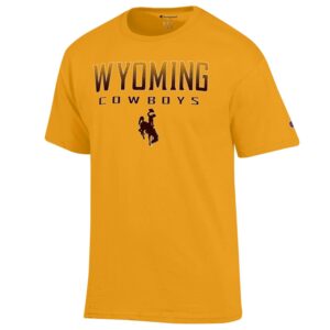 Men's gold short sleeve, design is gold to brown faded word Wyoming above brown word cowboys above brown bucking horse