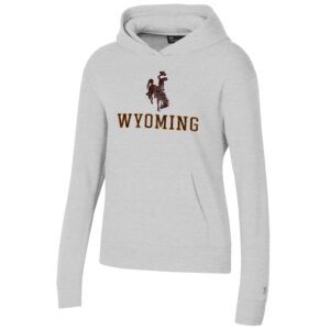 Women's silver hoodie, design is distressed brown bucking horse above brown word Wyoming gold outline