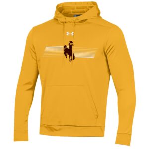 Gold hoodie, design is white under armour logo above various thickness gradient white lines behind brown bucking horse