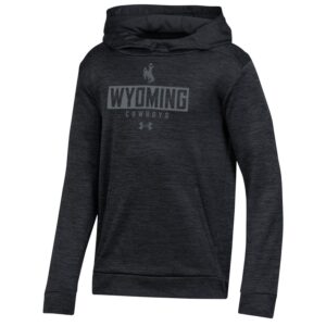 Black youth hoodie, design is grey bucking horse above grey stripe with black word Wyoming above grey word cowboys above grey under armour logo