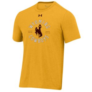 Men's gold short sleeve tee, design is white word Wyoming cowboys arched around brown bucking horse, brow under armour logo above