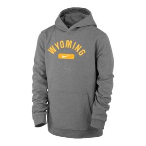 Youth dark grey hood, design is gold word Wyoming arched above gold rectangle with white Nike logo centered inside