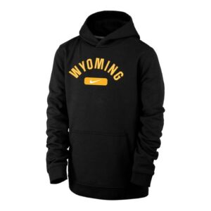 Youth black hood, design is gold word Wyoming arched above gold rectangle with white Nike logo centered inside