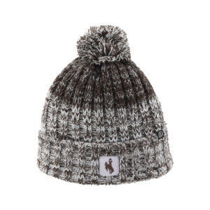 Brown faded beanie hat with pom, design is brown bucking horse in white patch