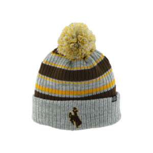 Grey beanie with gold pom detail, design is brown bucking horse, brown and gold horizontal lines in top half of beanie