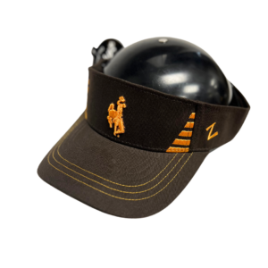 Brown adjustable visor, design is gold bucking horse, gold tapered lines on sides of hat