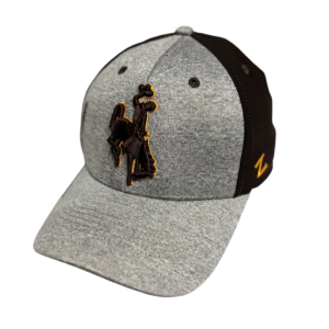 Grey flexfit hat with brown mesh, design is brown bucking horse gold outline