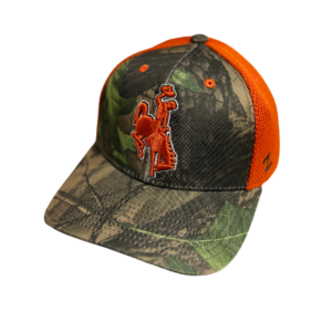 Camo flexfit hat with orange mesh, design is orange bucking horse white outline