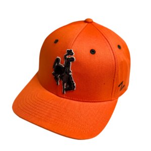 Orange adjustable hat, design is brown bucking horse white outline on front center