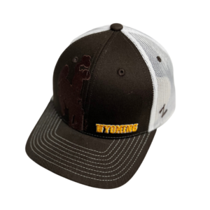 Brown youth adjustable hat with white mesh, design is gold word Wyoming on left side with brown tonal bucking horse on center