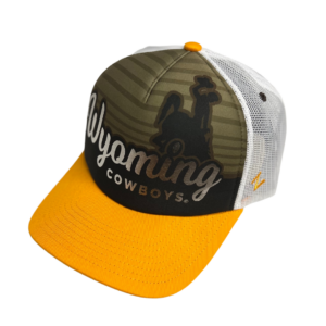 Brown adjustable hat with gold bill and white mesh, design is brown bucking horse behind white script word Wyoming above white word cowboys