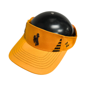 Gold adjustable visor, design is brown bucking horse with brown stripes on side of visor