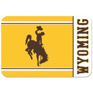 Gold mat, design is brown bucking horse, white stripe on side brown word Wyoming gold outline inside stripe