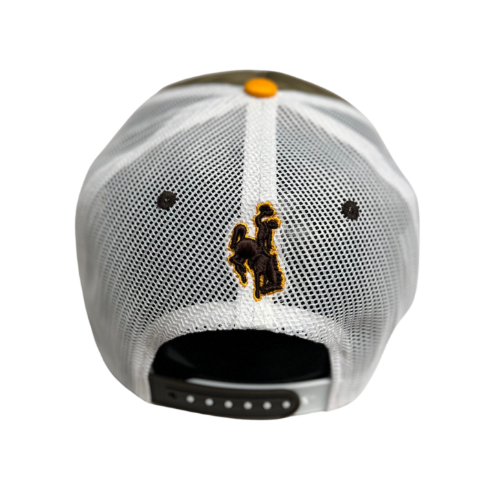 Back of brown adjustable hat with gold bill and white mesh, design is brown bucking horse gold outline