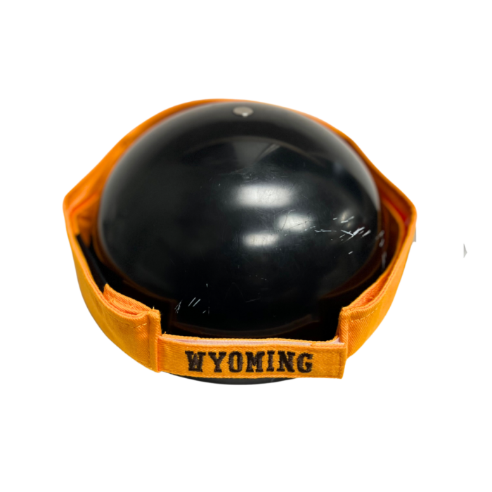 Back of gold adjustable visor, design is brown word Wyoming