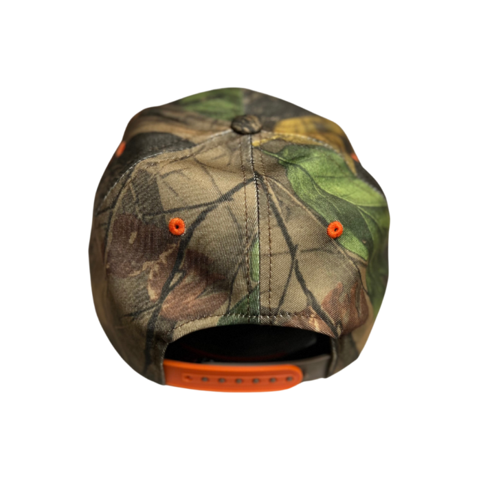 Back of camo adjustable hat, design is orange snap closure on camo backing