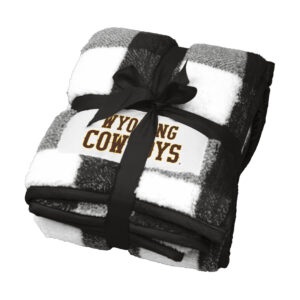 buffalo checked black and white fleece blanket. Patch on corner that says Wyoming Cowboys in brown with gold outline