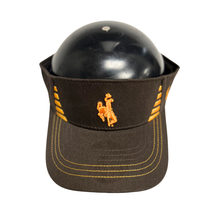 Brown adjustable visor, design is gold bucking horse, gold tapered lines on sides of hat