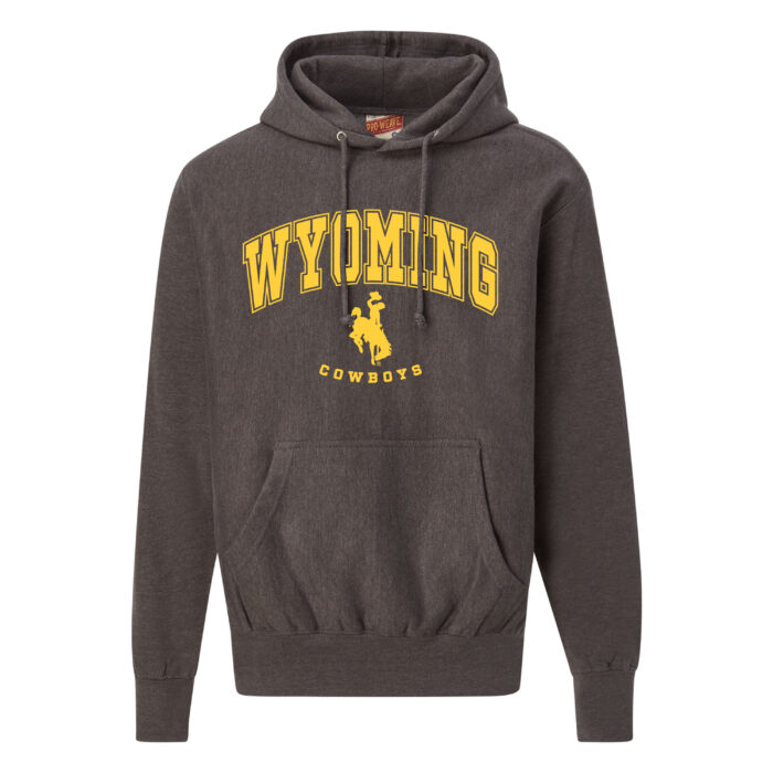 charcoal grey hooded sweatshirt. Design on front is large, arced word Wyoming with bucking horse and smaller word cowboys below. Design is all in gold
