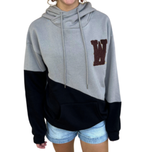 Grey and black color block hoodie, design is large brown W on left chest, hoodie divided diagonally, top half is grey, bottom half is black