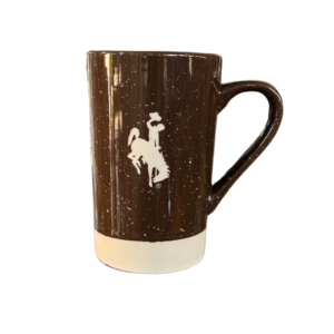 brown speckled mug with cream bottom. bucking horse on front center in cream color