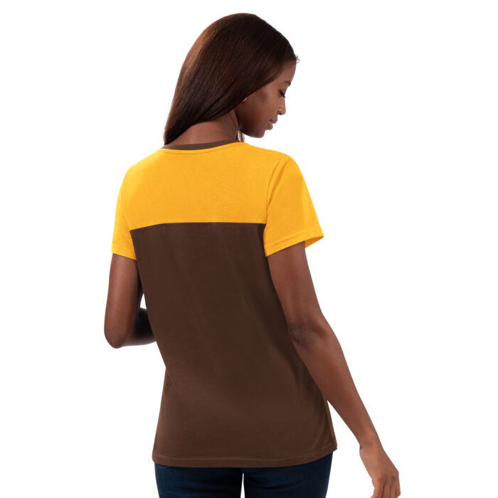 back of women's color blocked tee. body is brown arms and top of neckline is gold