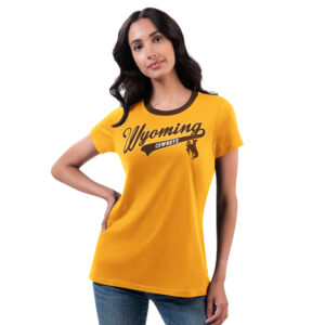 gold women's short sleeved too with brown trim. design on front is Word Wyoming in brown script with a tail. in tail is word Cowboys in small white font