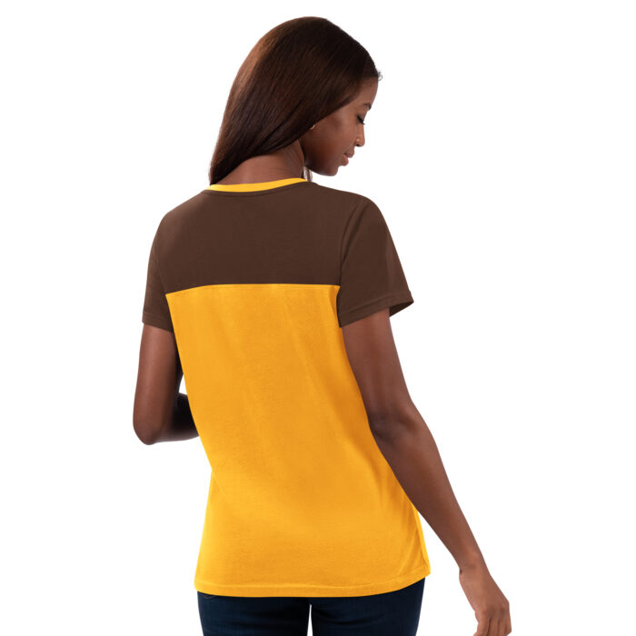 back of women's color blocked tee. body is gold, arms and top of neckline is brown