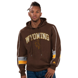 Brown hoodie, design is white word Wyoming above gold outline, above brown bucking horse gold outline, gold and grey stripes on sleeves