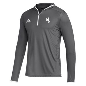 Grey hooded long sleeve, design is white adidas logo on right chest, white bucking horse on left chest