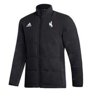 Black full zip jacket, design is white adidas logo on right chest, white bucking horse on left chest