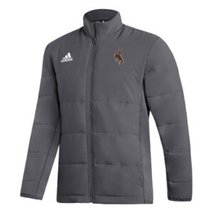 Grey full zip jacket, design is white adidas logo on right chest, brown bucking horse gold outline on left chest