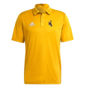 Gold polo, design is white adidas logo on right chest, brown bucking horse white outline on left chest